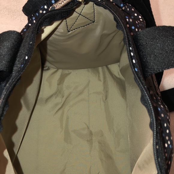 LeSportsac polka dot black zipper cross body bag w lt blue, white, and tan dots - Picture 9 of 14